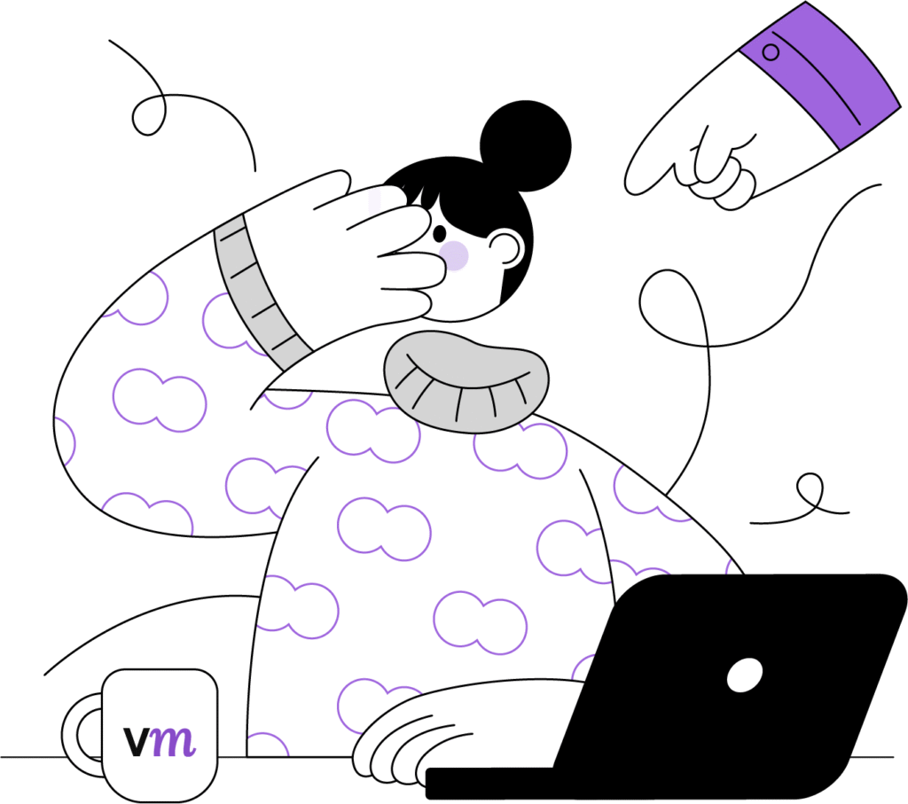 VebMarafon təlim mövzusunu əks etdirən illüstrasiya — çaşqın qadın və laptop.